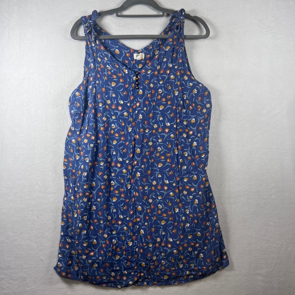 A New Approach Blue Floral Sleeveless V-Neck Blouse Top 1X Woman Boho